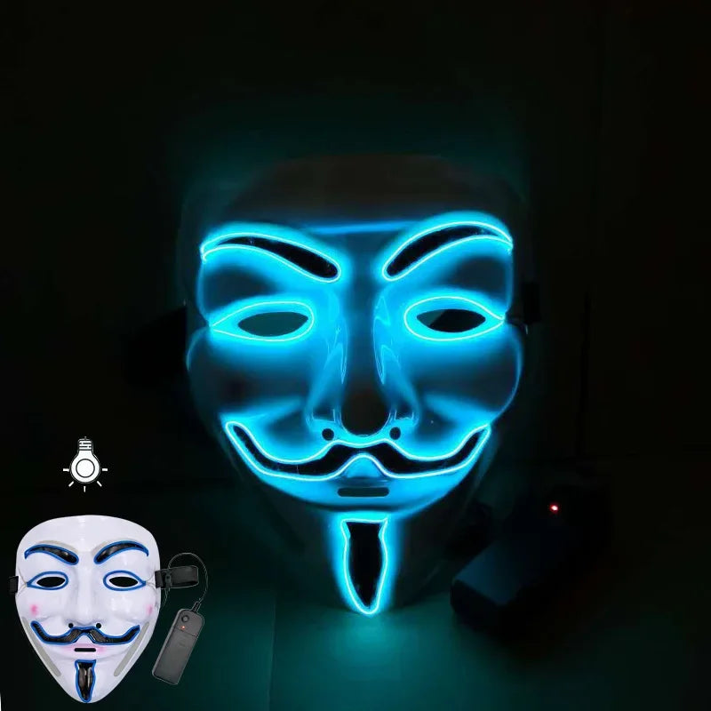 Led Light Hacker Mask V Vendetta Halloween Face Mask Decor Unisex Neon Light up Cosplay Party Prom Accessories Disguise Props