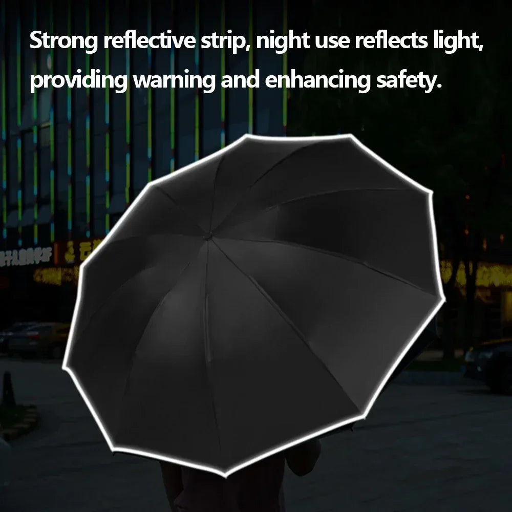 Fully Automatic Reverse Folding Umbrella 10 Ribs Windproof Strong Reflective Stripe UV Folding Big Umbrella for Women and Men