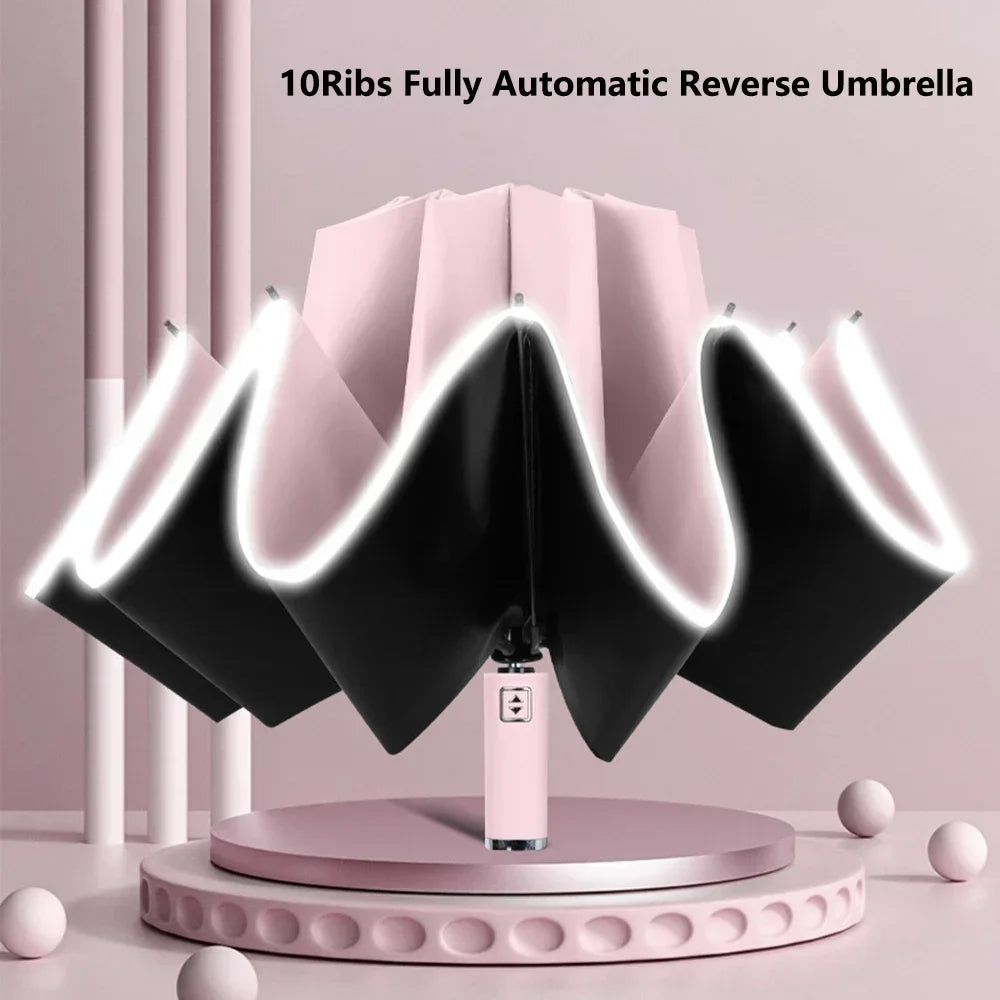 Fully Automatic Reverse Folding Umbrella 10 Ribs Windproof Strong Reflective Stripe UV Folding Big Umbrella for Women and Men