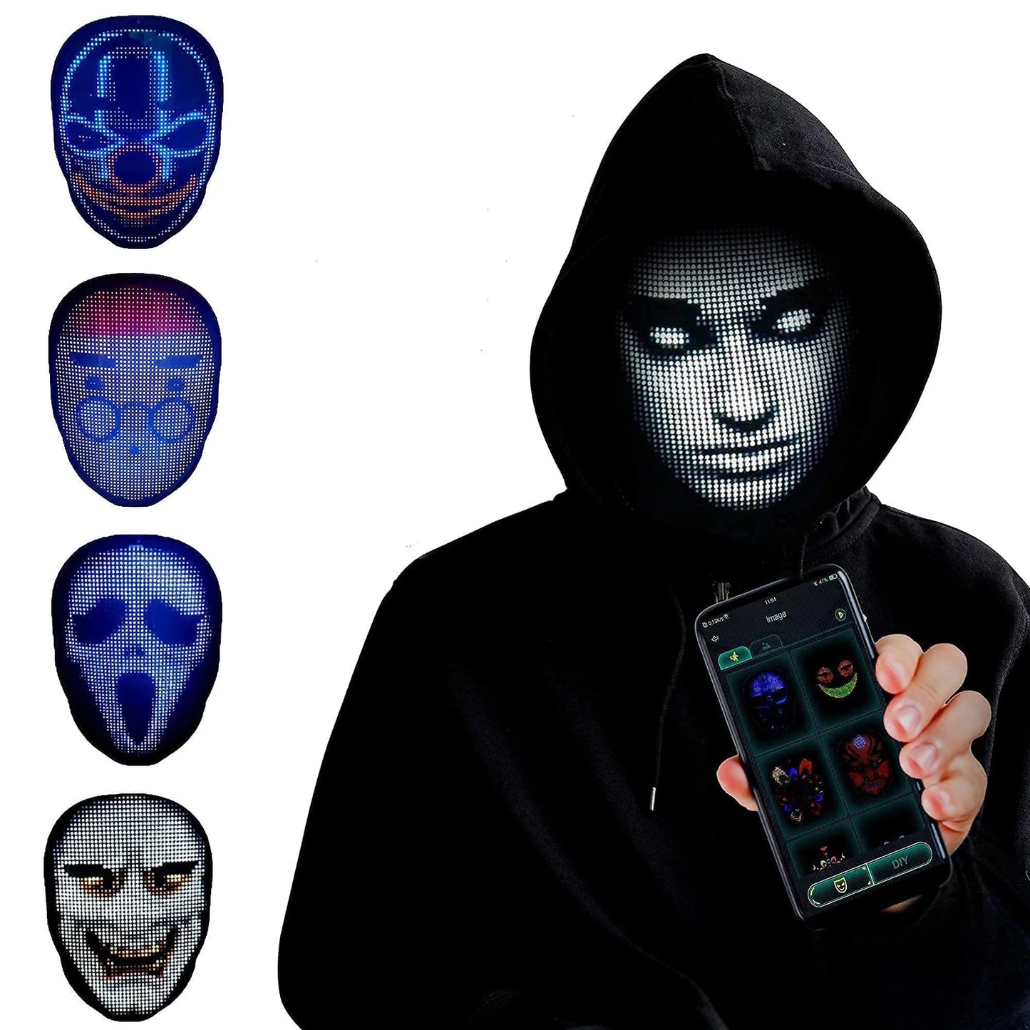 Led Mask with Bluetooth App Controlled, Customizable Shining Mask, LED Lighted Face Transforming Mask