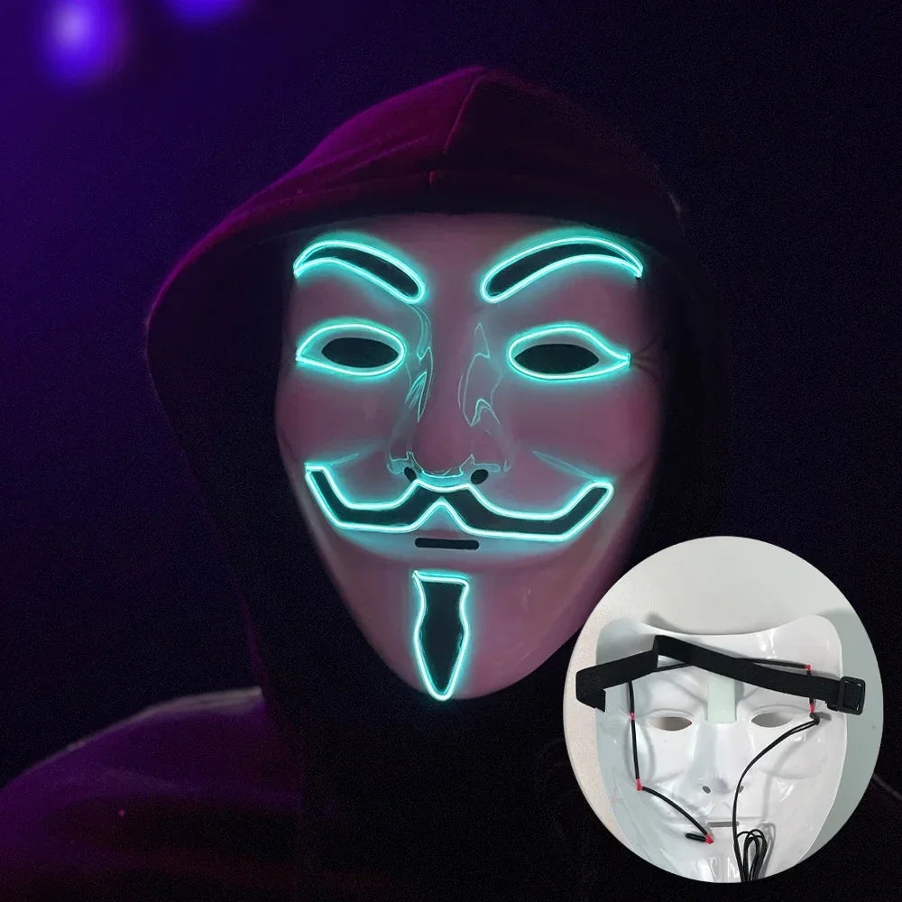 Led Light Hacker Mask V Vendetta Halloween Face Mask Decor Unisex Neon Light up Cosplay Party Prom Accessories Disguise Props