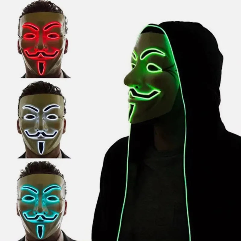 Led Light Hacker Mask V Vendetta Halloween Face Mask Decor Unisex Neon Light up Cosplay Party Prom Accessories Disguise Props