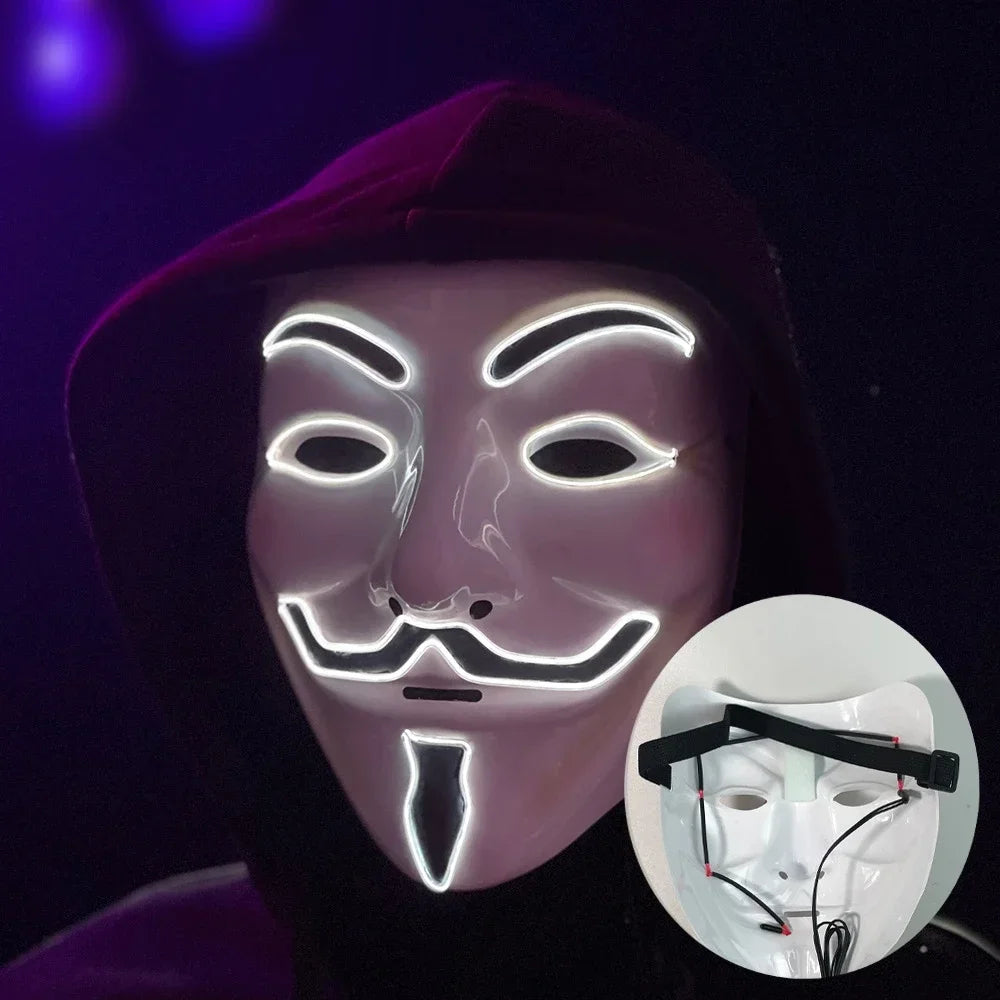 Led Light Hacker Mask V Vendetta Halloween Face Mask Decor Unisex Neon Light up Cosplay Party Prom Accessories Disguise Props