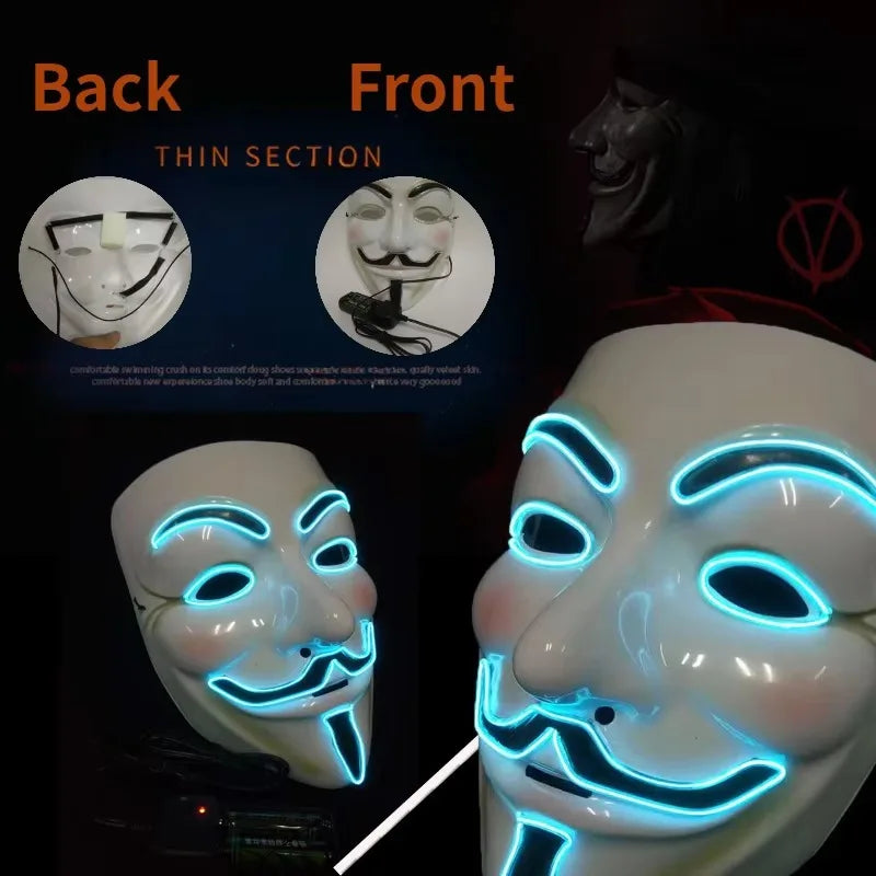 Led Light Hacker Mask V Vendetta Halloween Face Mask Decor Unisex Neon Light up Cosplay Party Prom Accessories Disguise Props