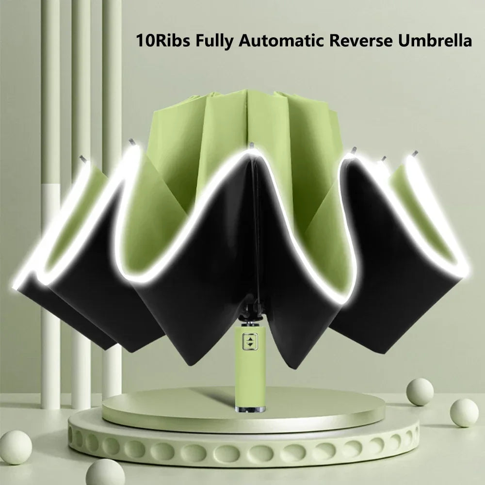 Fully Automatic Reverse Folding Umbrella 10 Ribs Windproof Strong Reflective Stripe UV Folding Big Umbrella for Women and Men