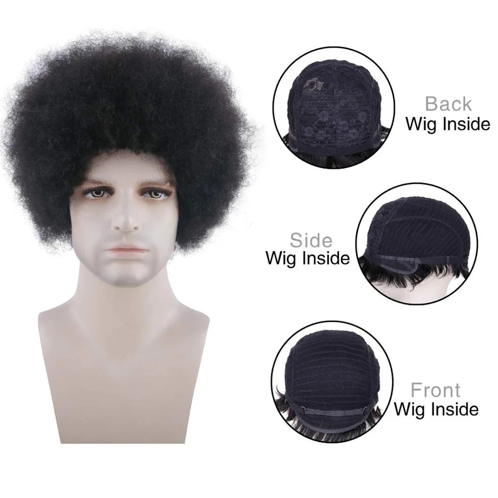 Afro Kinky Curly Wig for Men Short Curly Human Hair Wig for Handsome Men Kinky Curly Bob Cut Male Wigs Full Machine Toupee Wig