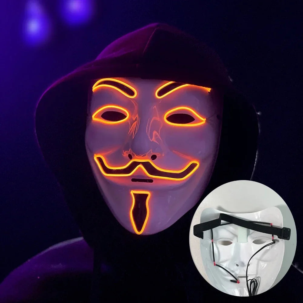 Led Light Hacker Mask V Vendetta Halloween Face Mask Decor Unisex Neon Light up Cosplay Party Prom Accessories Disguise Props