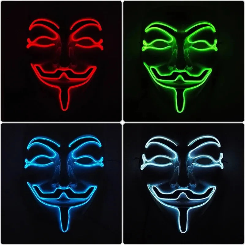 Led Light Hacker Mask V Vendetta Halloween Face Mask Decor Unisex Neon Light up Cosplay Party Prom Accessories Disguise Props