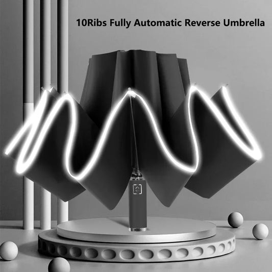 Fully Automatic Reverse Folding Umbrella 10 Ribs Windproof Strong Reflective Stripe UV Folding Big Umbrella for Women and Men