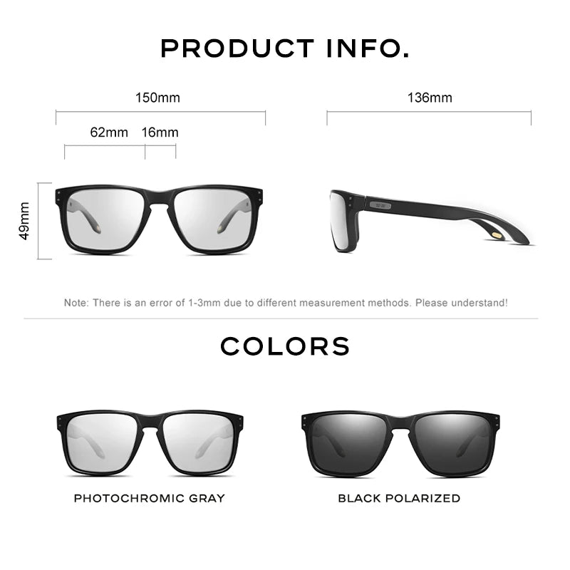 Driving Sunglasses for Men Polarized Brand Designer Sun Glasses Photochromic Square TR Frame Black Men'S Shades BS9417