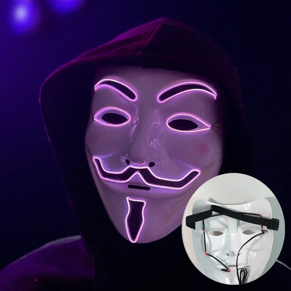 Led Light Hacker Mask V Vendetta Halloween Face Mask Decor Unisex Neon Light up Cosplay Party Prom Accessories Disguise Props