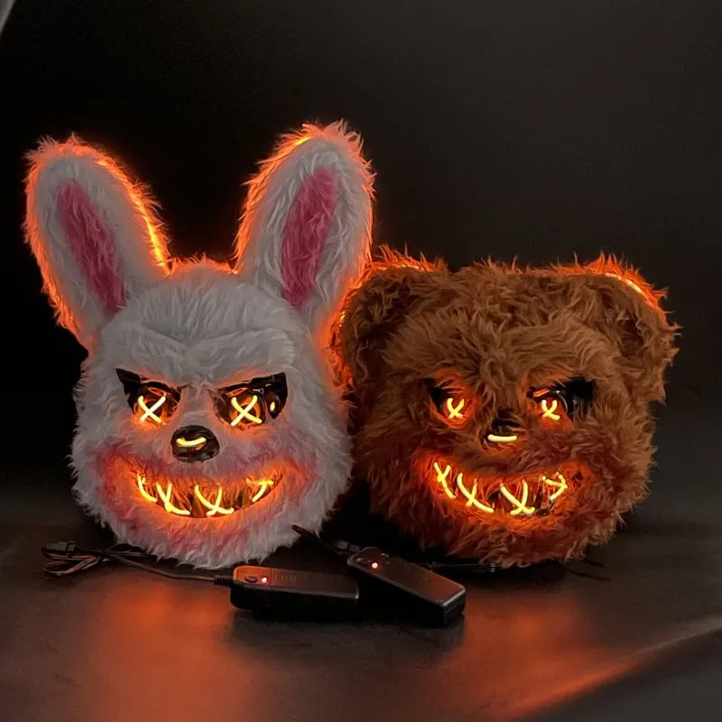 Glow Animal Mask Halloween Horror Bloody Rabbit Bear Decoration Props Simulate Fur Mask Cosplay Costume Party Decoration