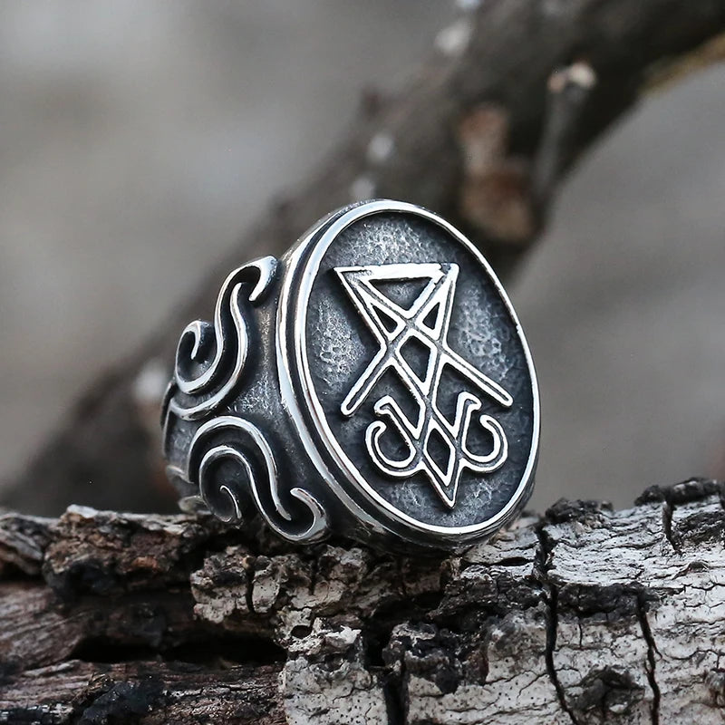 Sigil of Lucifer Satan Seal Ring Gothic Stainless Steel Signet Finger Rings Biker Punk Silver Color Jewelry Festival Gift