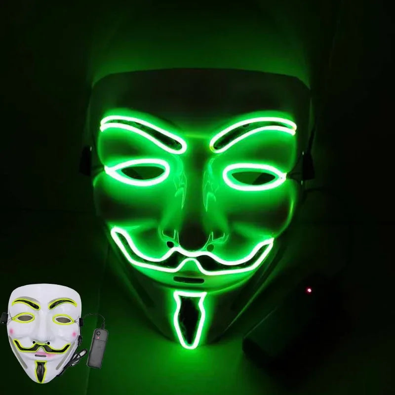 Led Light Hacker Mask V Vendetta Halloween Face Mask Decor Unisex Neon Light up Cosplay Party Prom Accessories Disguise Props