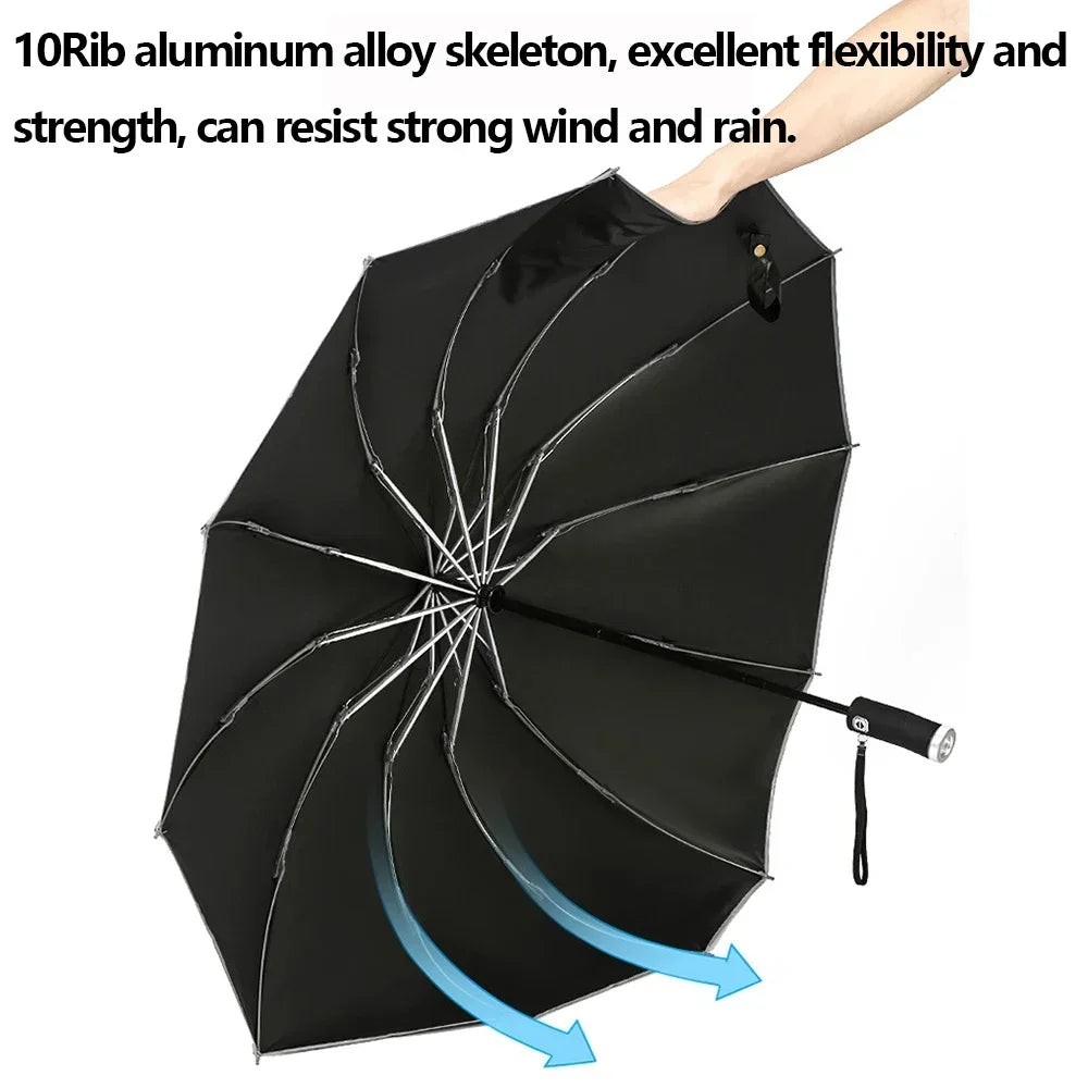 Fully Automatic Reverse Folding Umbrella 10 Ribs Windproof Strong Reflective Stripe UV Folding Big Umbrella for Women and Men