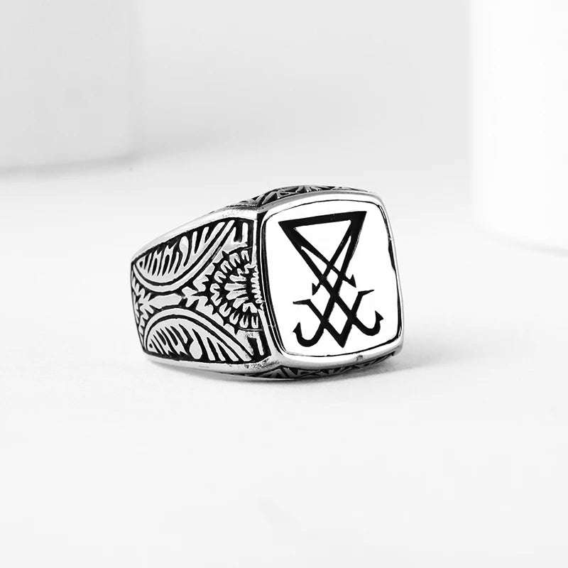 Sigil of Lucifer Satan Seal Ring Gothic Stainless Steel Signet Finger Rings Biker Punk Silver Color Jewelry Festival Gift